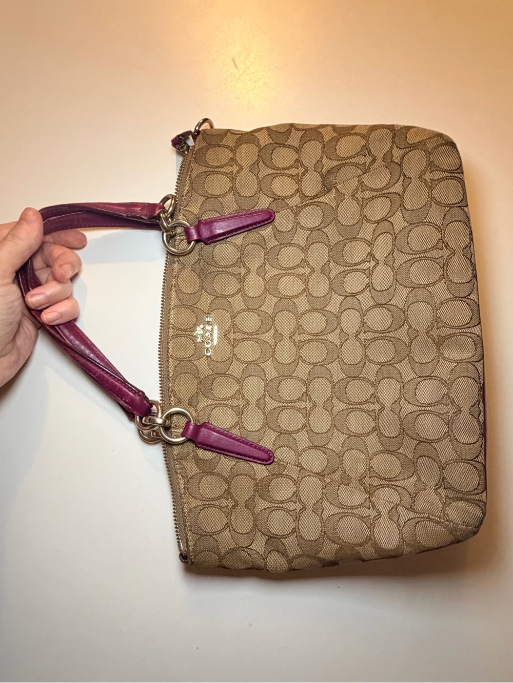 Coach Bronze Signature Canvas Magenta Purple Leather Trim Handbag Purse